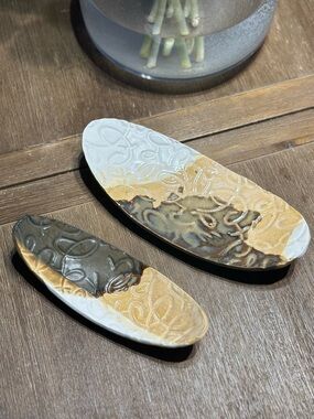 Handmade Ceramic Decorative Trays in White, Gold & Gray